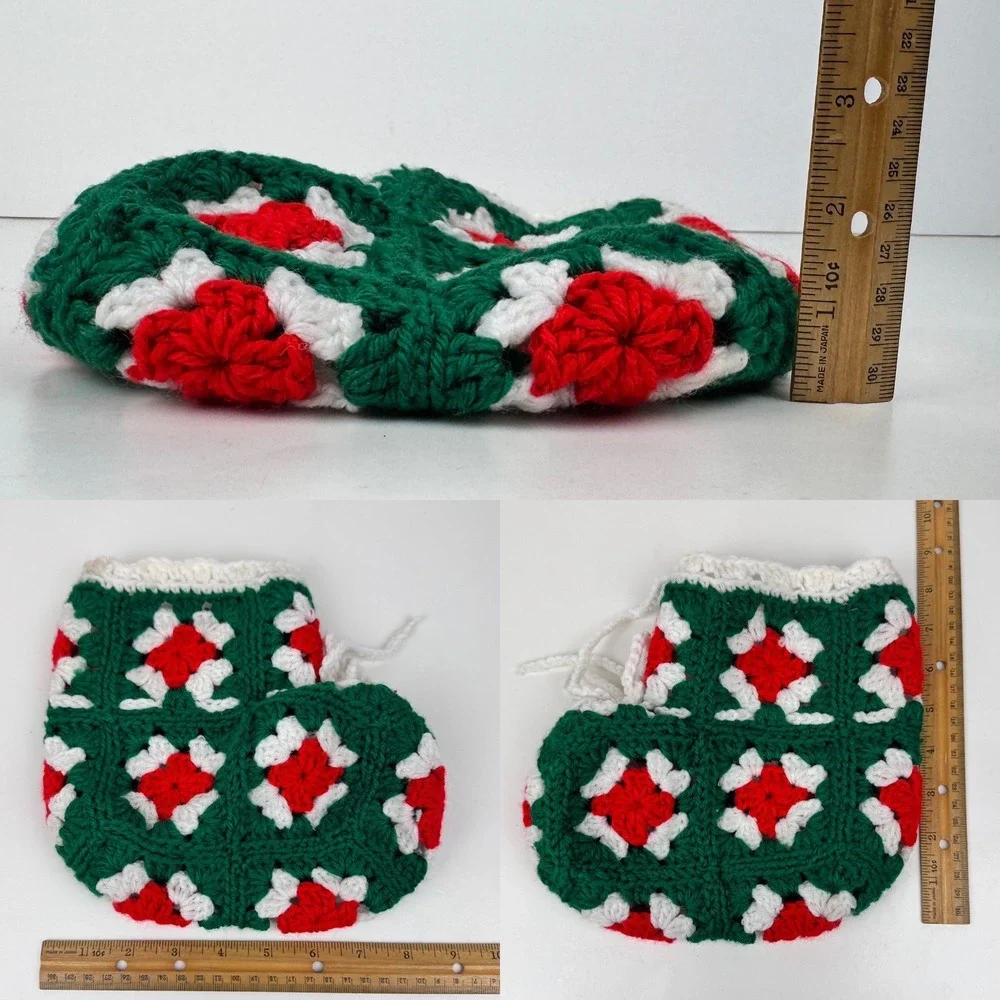 Vtg Small‎ Granny Square Red Green White Yarn Christmas Holiday Stocking Decor